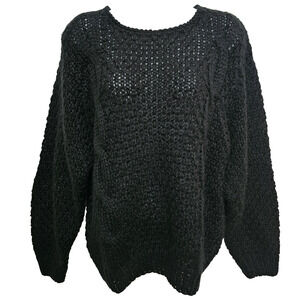 Womens Black Open Knit Sweater M Crochet Oversized Y2K Vtg Soft Romantic Goth
